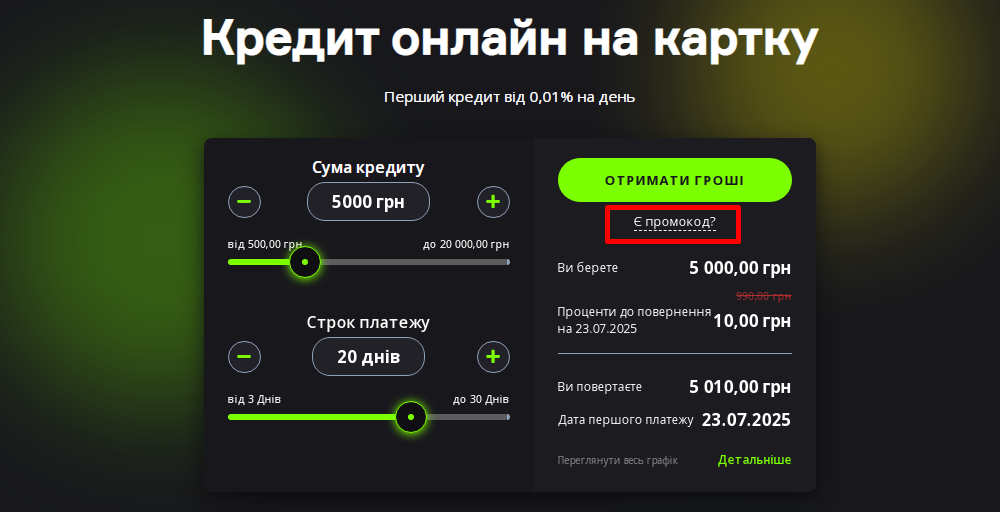 як застосувати промокод Loanplus?